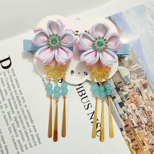 1 pair girls chinese hanfu fairy dress hairpin children Chinese style hair accessories Japanese style flower bell kimono dress hair accessories