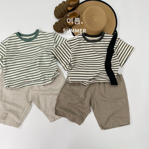 Cool and breathable striped Korean style children's short-sleeved T-shirt summer new style for boys and girls knitted casual striped T-shirt cotton