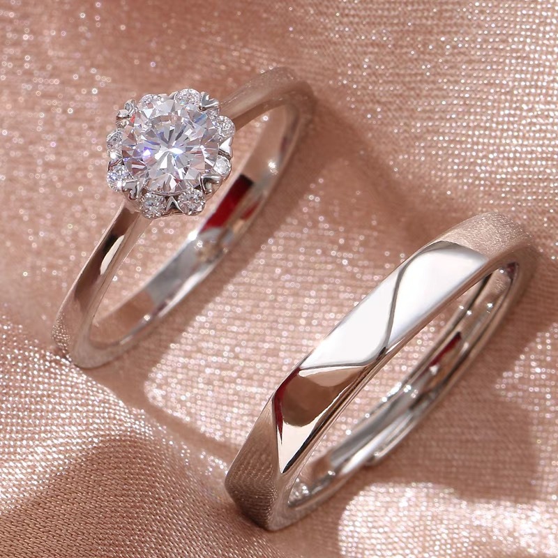 Six-claw love inlaid artificial diamond ring proposal wedding ring couple ring wedding ceremony fake props open mouth pair