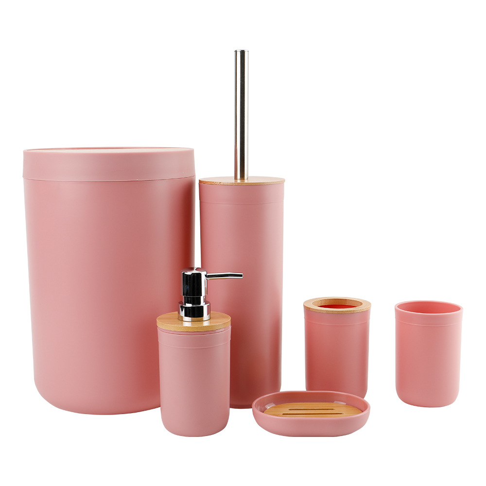 Bambú cubierta de lavado de baño de plástico conjunto de seis piezas de fábrica al por mayor estante de almacenamiento de baño cepillo de dientes titular de seis piezas conjunto