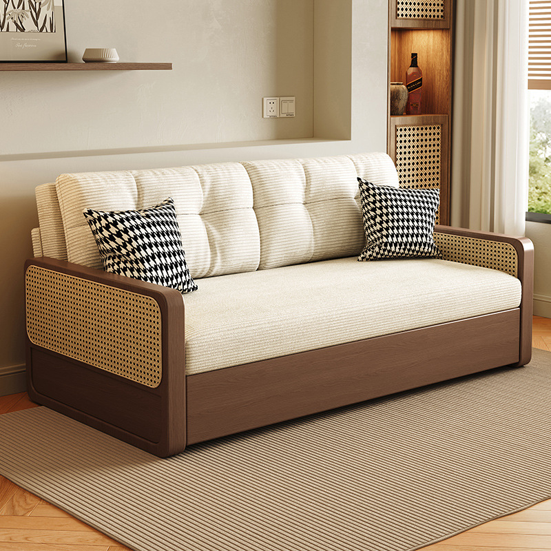 Log Style Folding Sofa Bed Solid Wood Small Apartment Sitting and Sleeping Dual-Purpose Living Room Study Double Multi-Functional Retractable Sofa