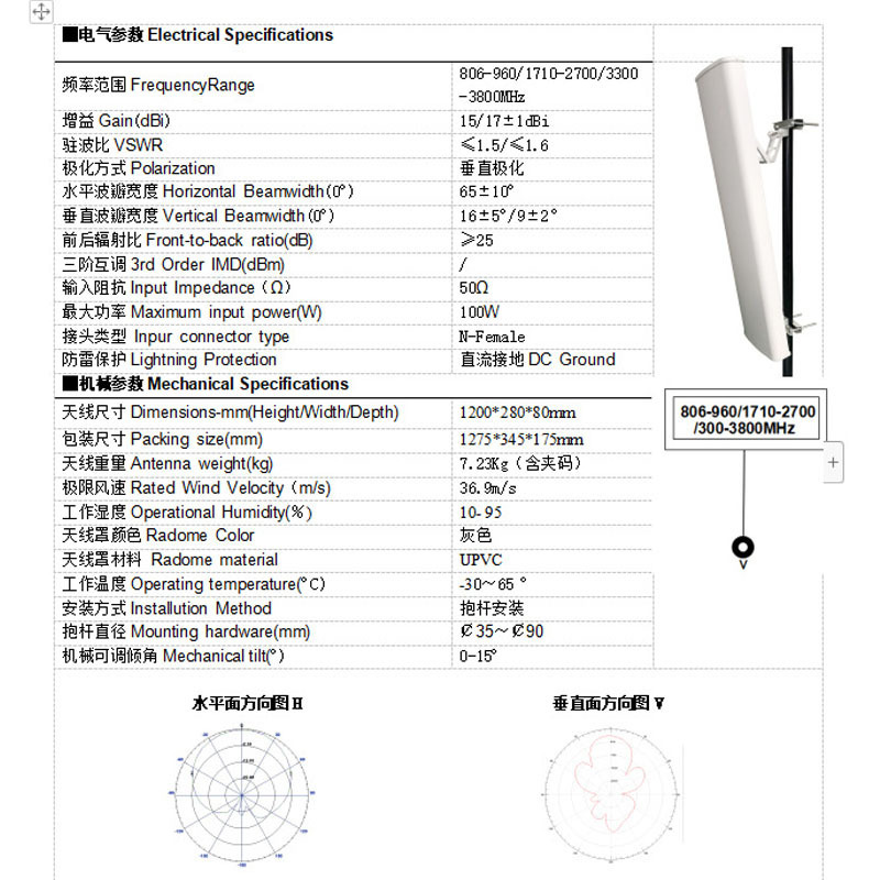 4g 5gキャリア基地局アンテナ806-3800MHz高ゲイン65 ° 屋外フル周波数シングル偏波板状|undefined