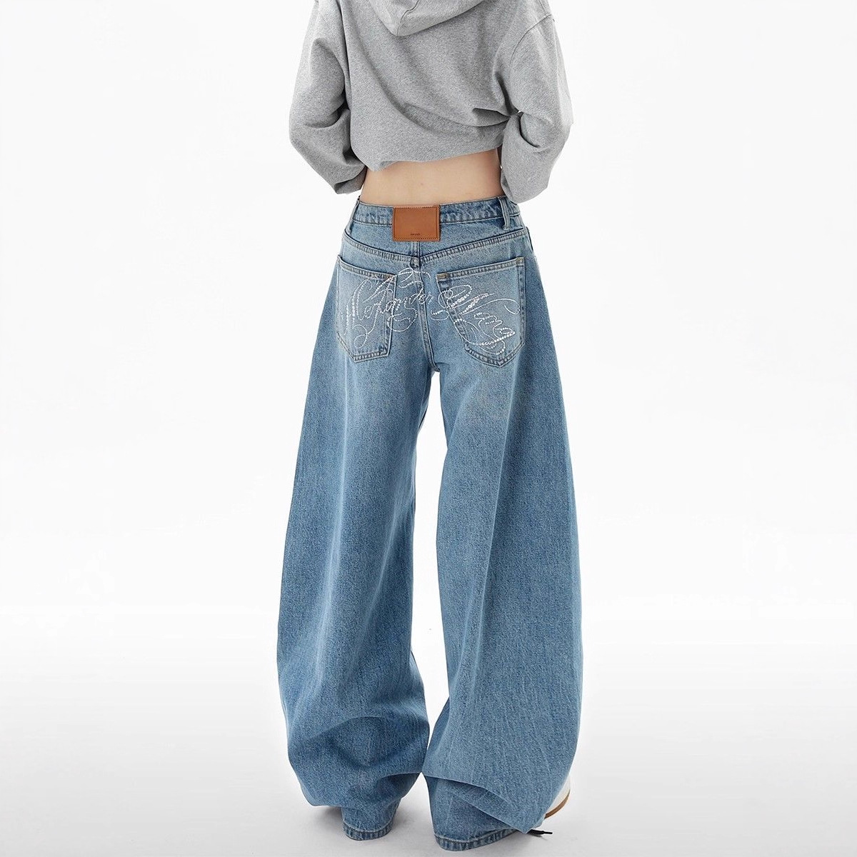 Women's American Style Washed Rhinestone Silhouette Curved Cut Jeans Loose Wide Leg Trousers Casual Cotton Polyester Denim_ecoleips.com