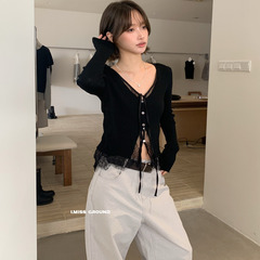 I MISS2025秋季新款蕾丝拼接假两件系带针织开衫女修身显瘦上衣