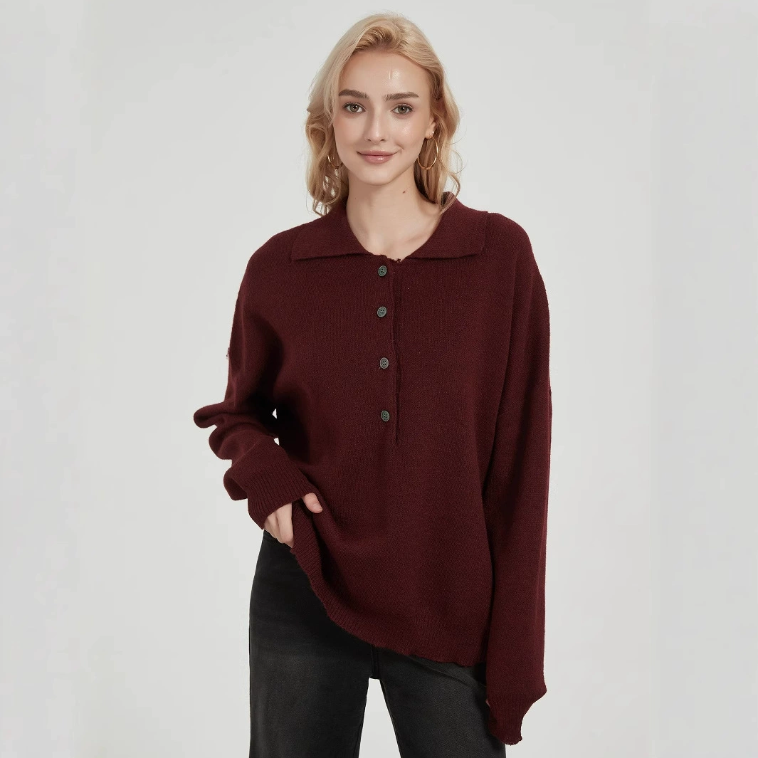 Amazon трансграничная женская одежда оптом в европейском и американском стиле мода свободный поло-воротник вязаный свитер осень Амкора красный свитер