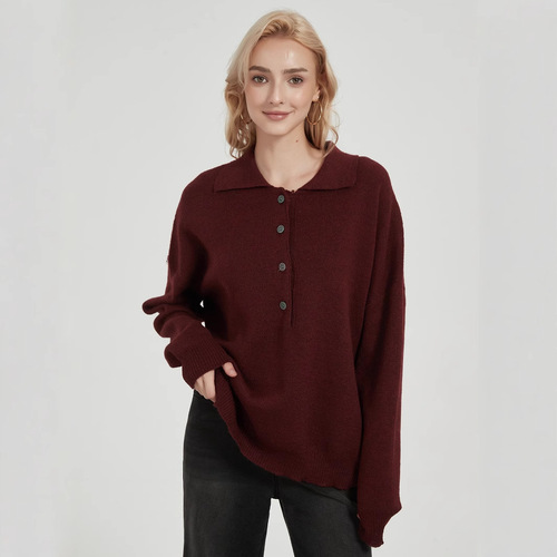 Women's Loose Polo Neck Knit Sweater, Western Style Fashion, Autumn Encore, Red