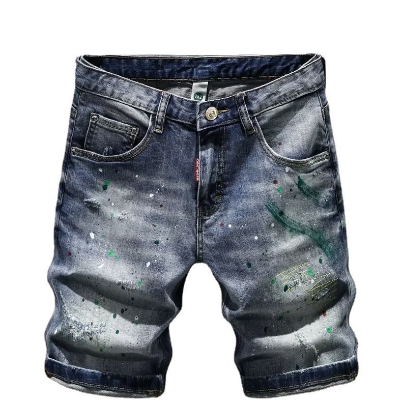 Men's Denim Shorts Splatted Ink Hole Denim Shorts For Men's Slim Fit Small Feet, Summer Thin Five Point Middle Pants, Korean Version,_voghion.com