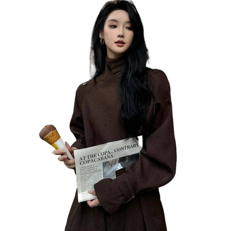 赫本风高级感长外套长款复古气质系带收腰棕色风衣女|undefined