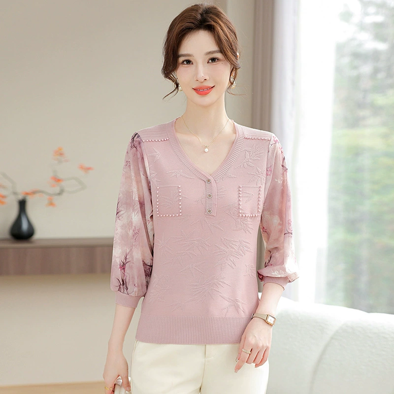 Новая весенняя одежда для мамы, футболка с марлевыми рукавами, тонкая рубашка с v-образным вырезом, модный трикотажный топ для женщин среднего и пожилого возраста.