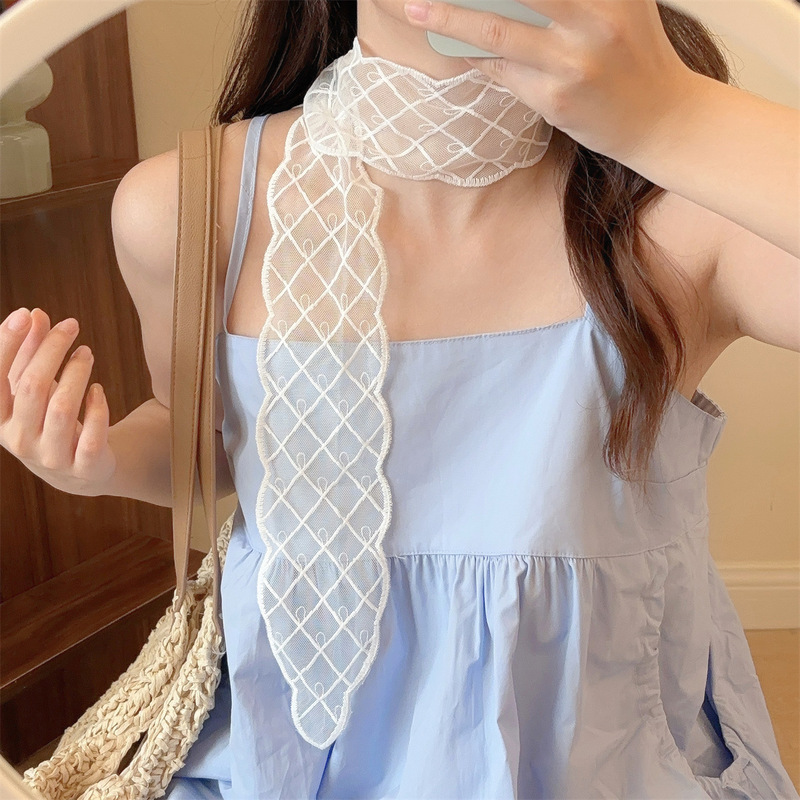 韓国蝶刺繍レースロングシルクスカーフ女性のための春と夏の新しいハイエンド多用途ネクタイネックアクセサリー|undefined