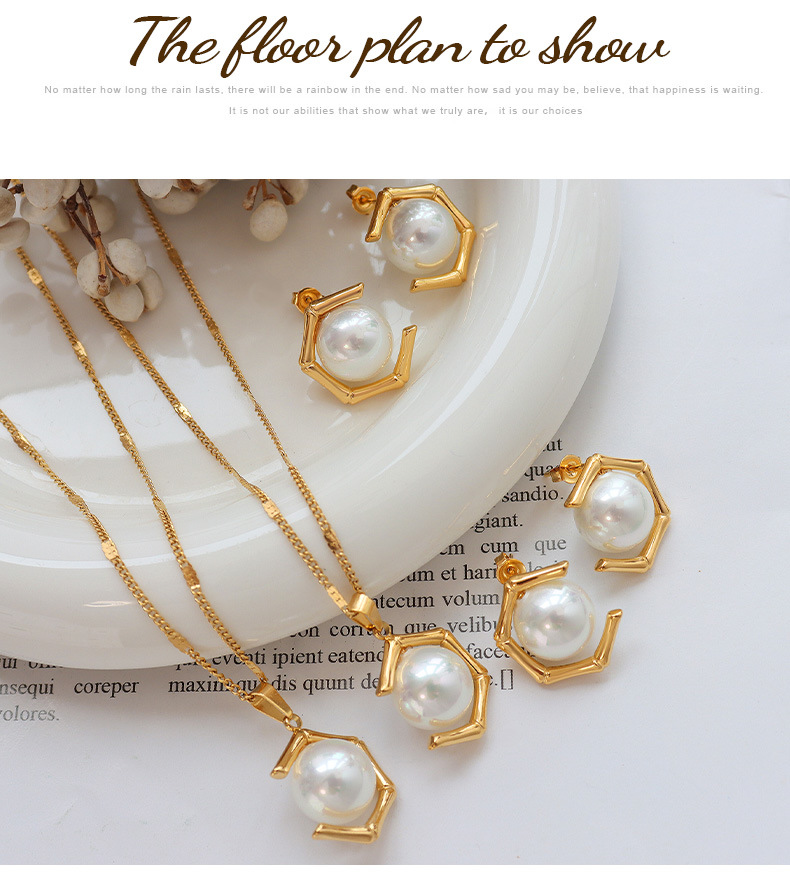 Retro Geometric Titanium Steel Plating Pearl Earrings Necklace
