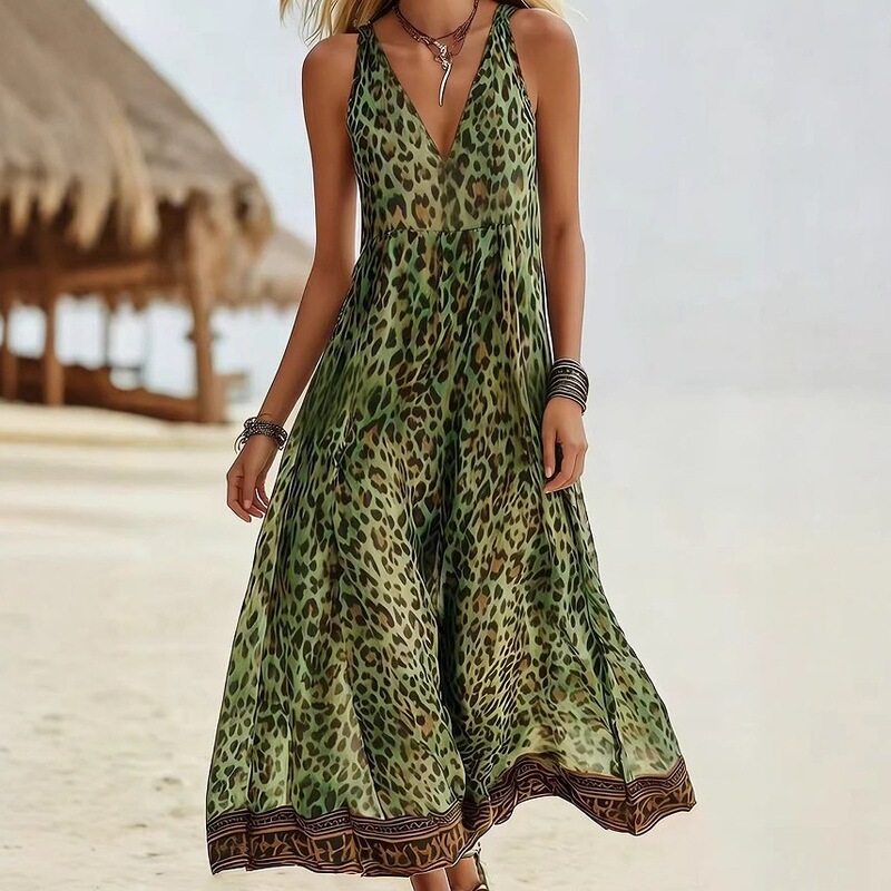 2026 European and American New Style Cross-Border Amazon Summer Leopard Print Casual Versatile Sleeveless V-Neck Long Dress