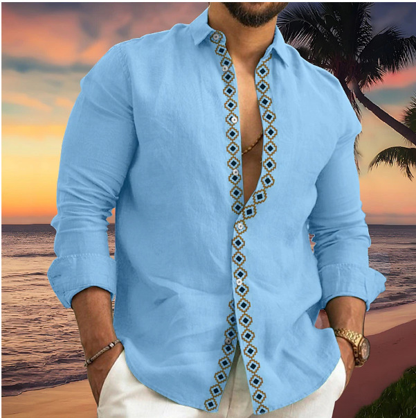 2024 verano Europa y América impresión digital transfronteriza ropa de hombre playa vacaciones jóvenes camisas de moda para hombres