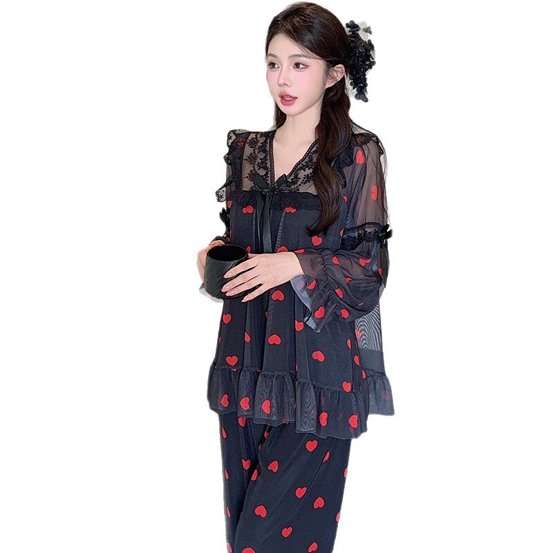 凌蕾春秋新款印花蕾丝花边甜美宽松公主风网纱睡衣套装家居服|undefined