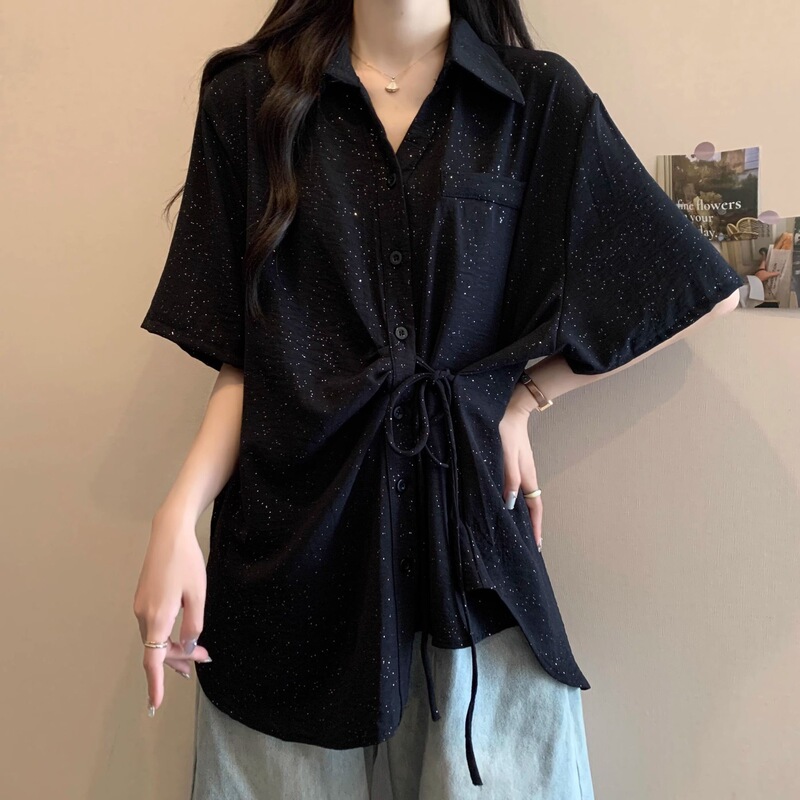 Irregular Lace-Up Short-Sleeved Shirt for Women, Summer Plus-Size, Stylish Mid-Length Top That Hides the Body Shape