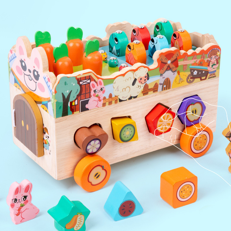 Forma de coche animal a juego Montessori educación temprana multifuncional granja pesca cognitiva rábano tirando niños y niñas juguetes educativos