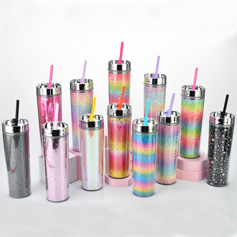 16oz Double-layer Plastic Straw Cup Rainbow Gradient Glitter Straight Cup Universal Cold Drink Cup display picture 1