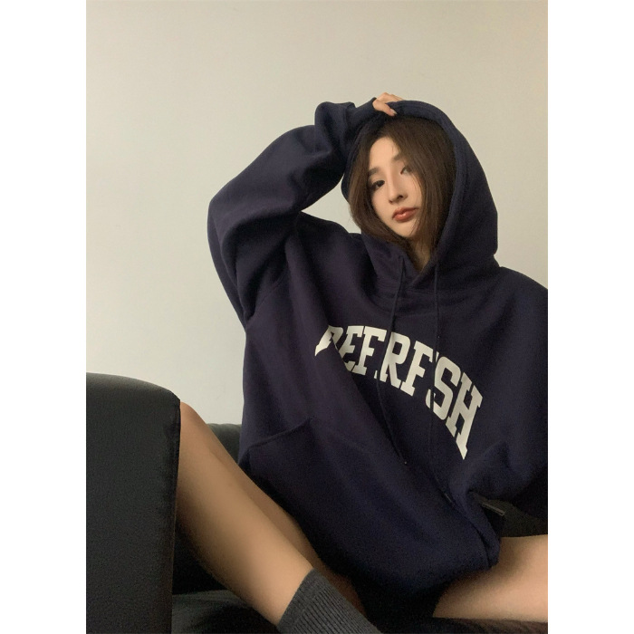 [Venta al por mayor transfronteriza] American retro 2023 nuevo Harajuku suéter forrado de lana con capucha estudiante suelta top