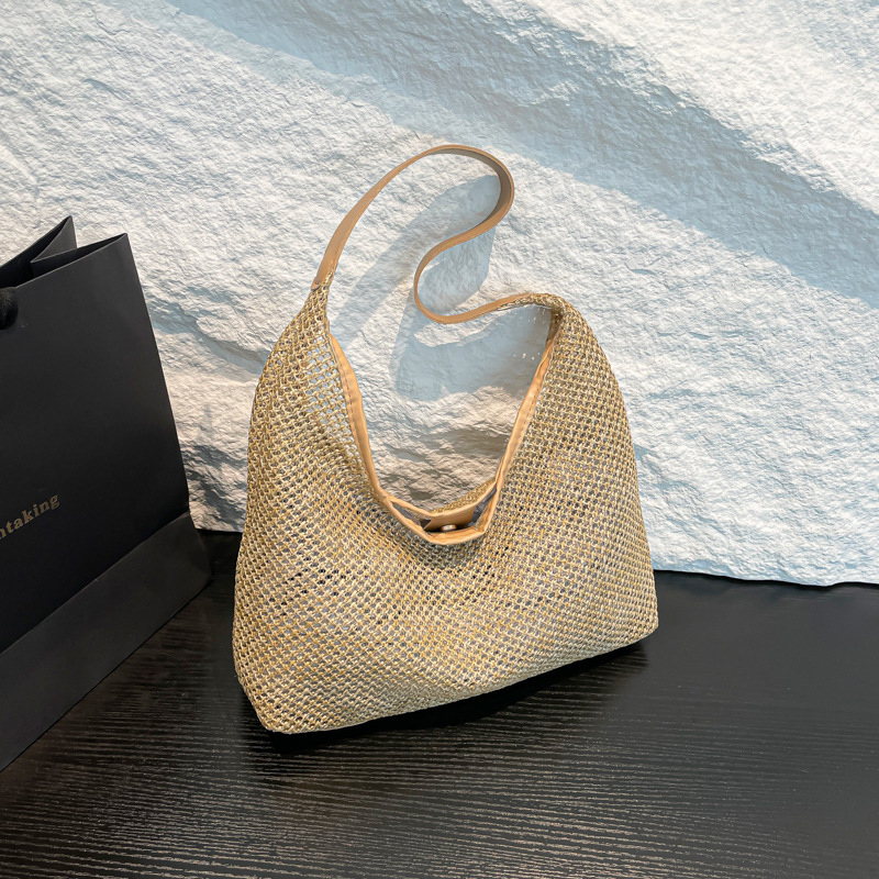 Bolsa de hombro de vacaciones, bolsa de playa, bolsa coreana de tela retro, bolsa de tela de paja, bolsa de brazo de gran capacidad