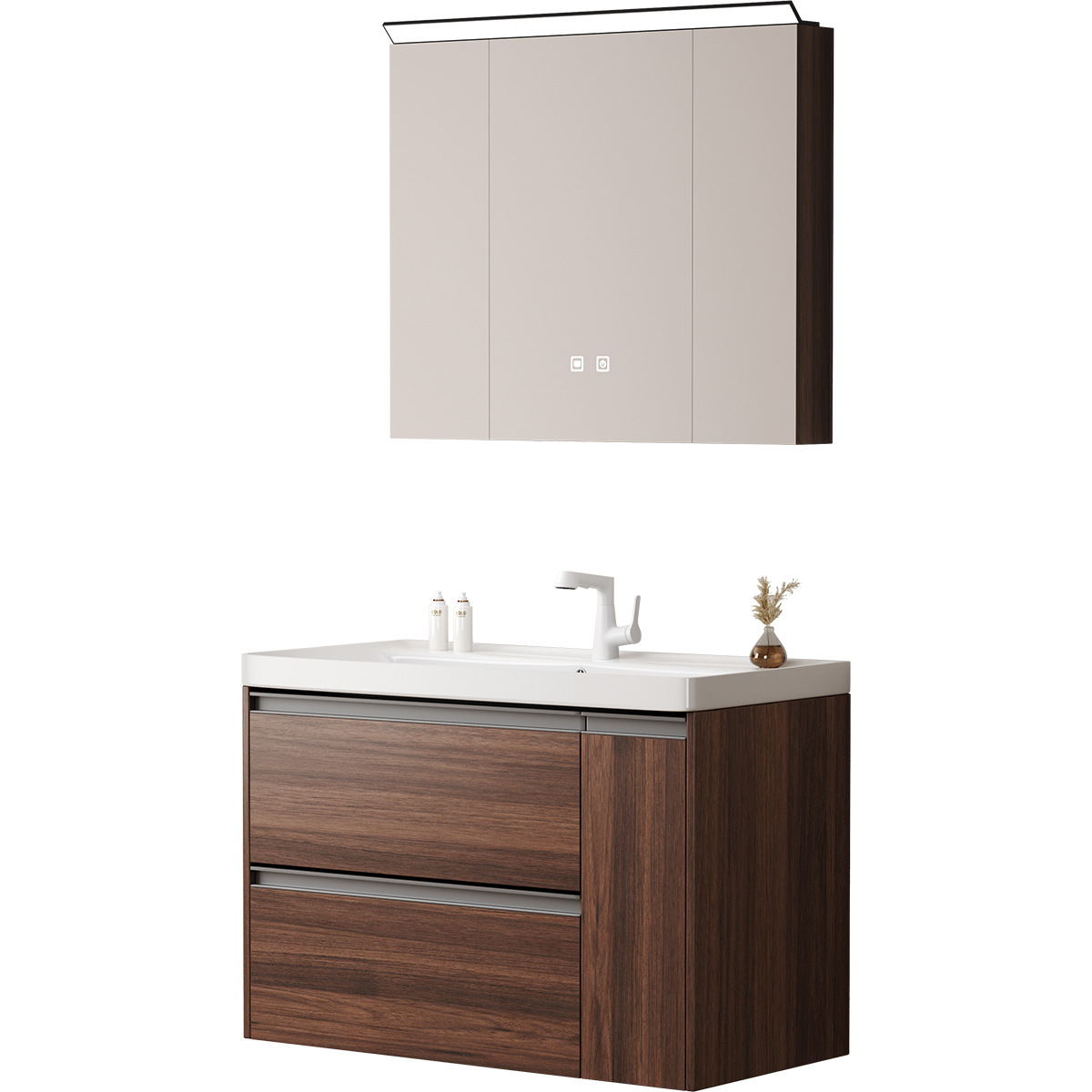 El estilo medieval armario de baño de color nuez de cerámica en una bañera de aluminio lavabo doble cesta de extracción lavabo