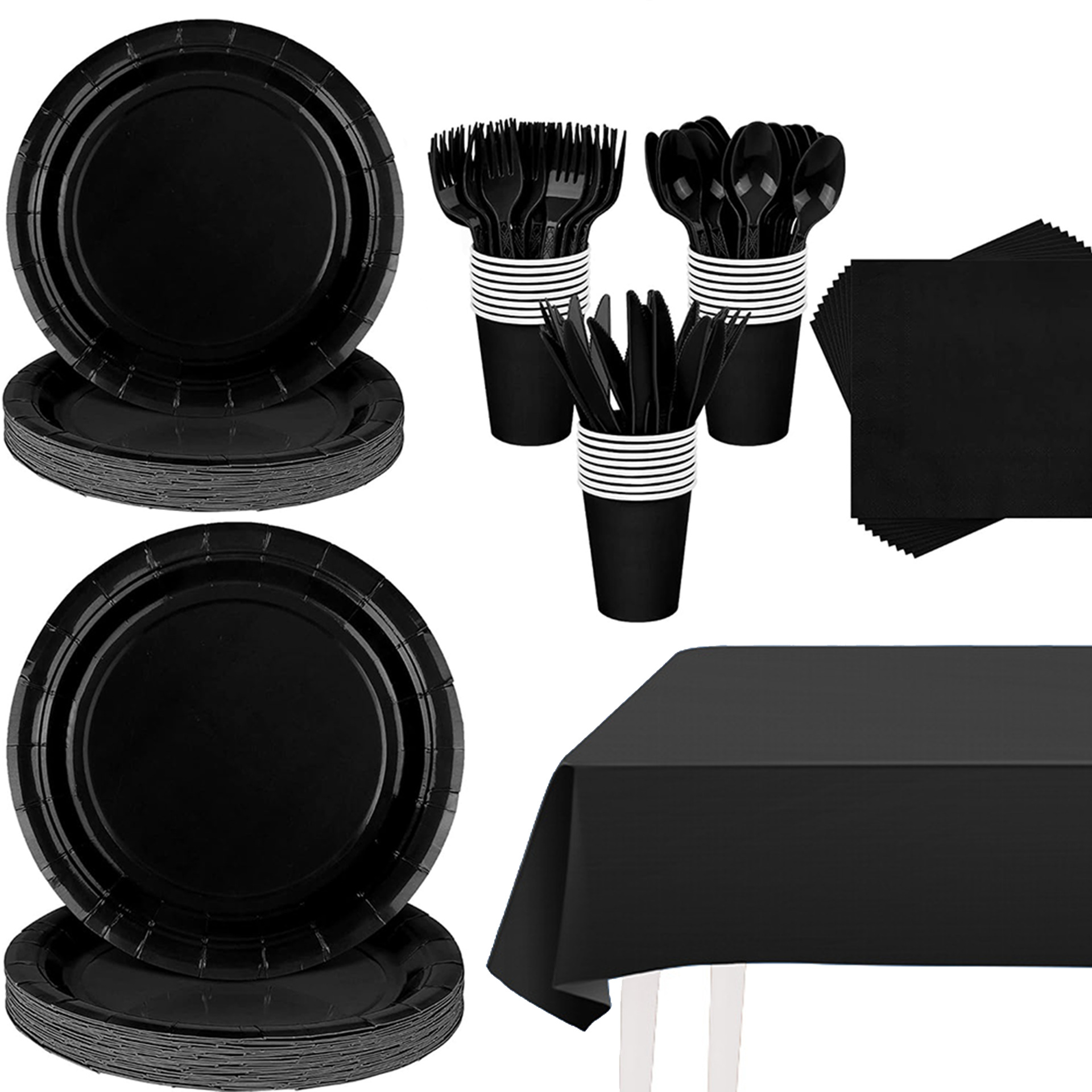 Cross-border Bestseller: Solid Black Round Tableware Set, Party Supplies, Disposable Paper Plates And Cups_voghion.com