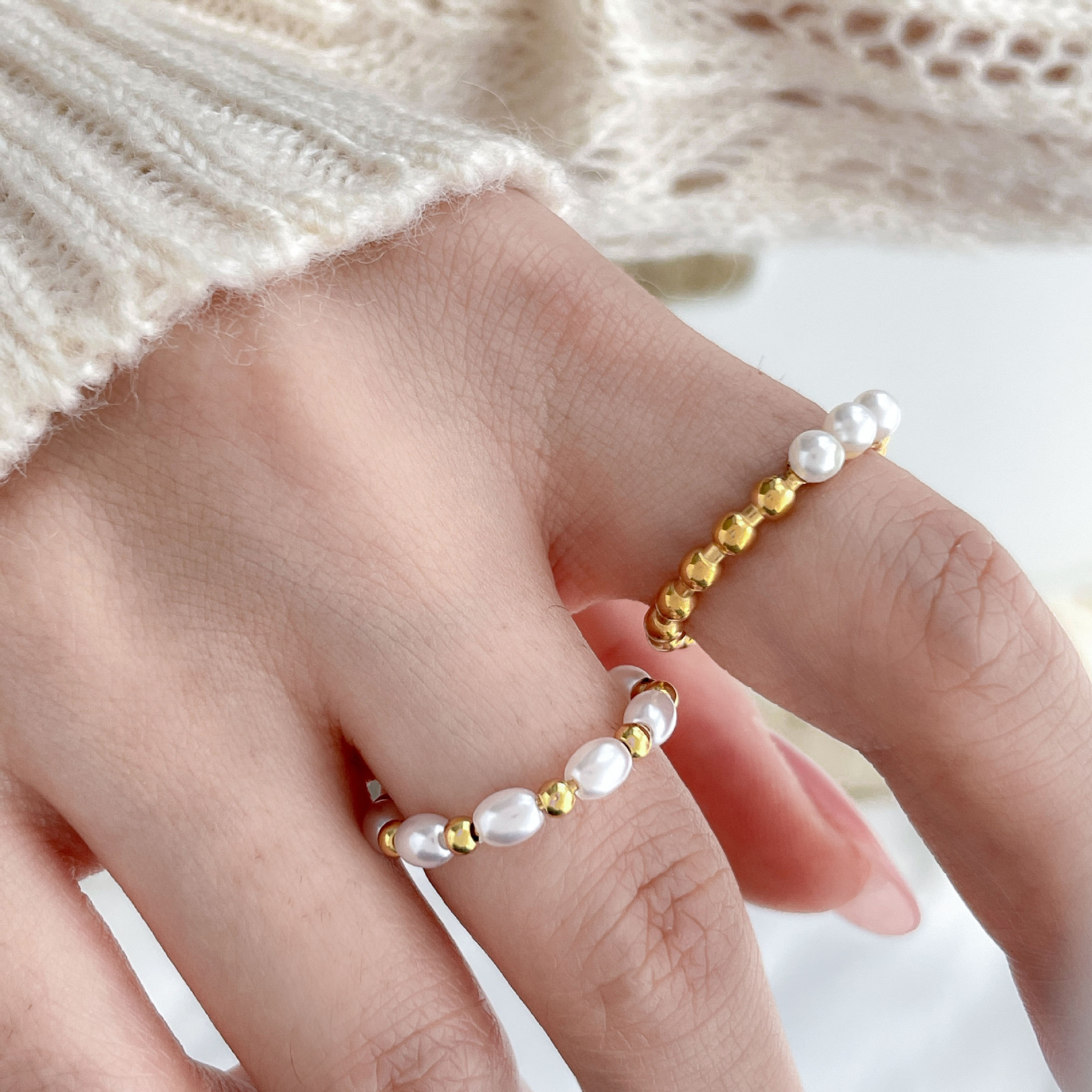 9g Weight Pearl Inlay Material Rings Classification 6, 7, 8 Ring Size 1 Piece Quantity Holiday, Daily Occasion Titanium Steel Material Geometric Pattern Women's Gender Inlay Design Retro, French Style Style Wholesale Jewelry Retro French Style Geometric Titanium Steel Pearl Inlay Rings 14