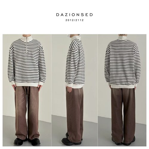 Men's Spring and Autumn Striped Half-Zip Stand Collar Sweatshirt, Ins Korean Version Fashion Loose Minimalist Long Sleeve T-Shirt Top