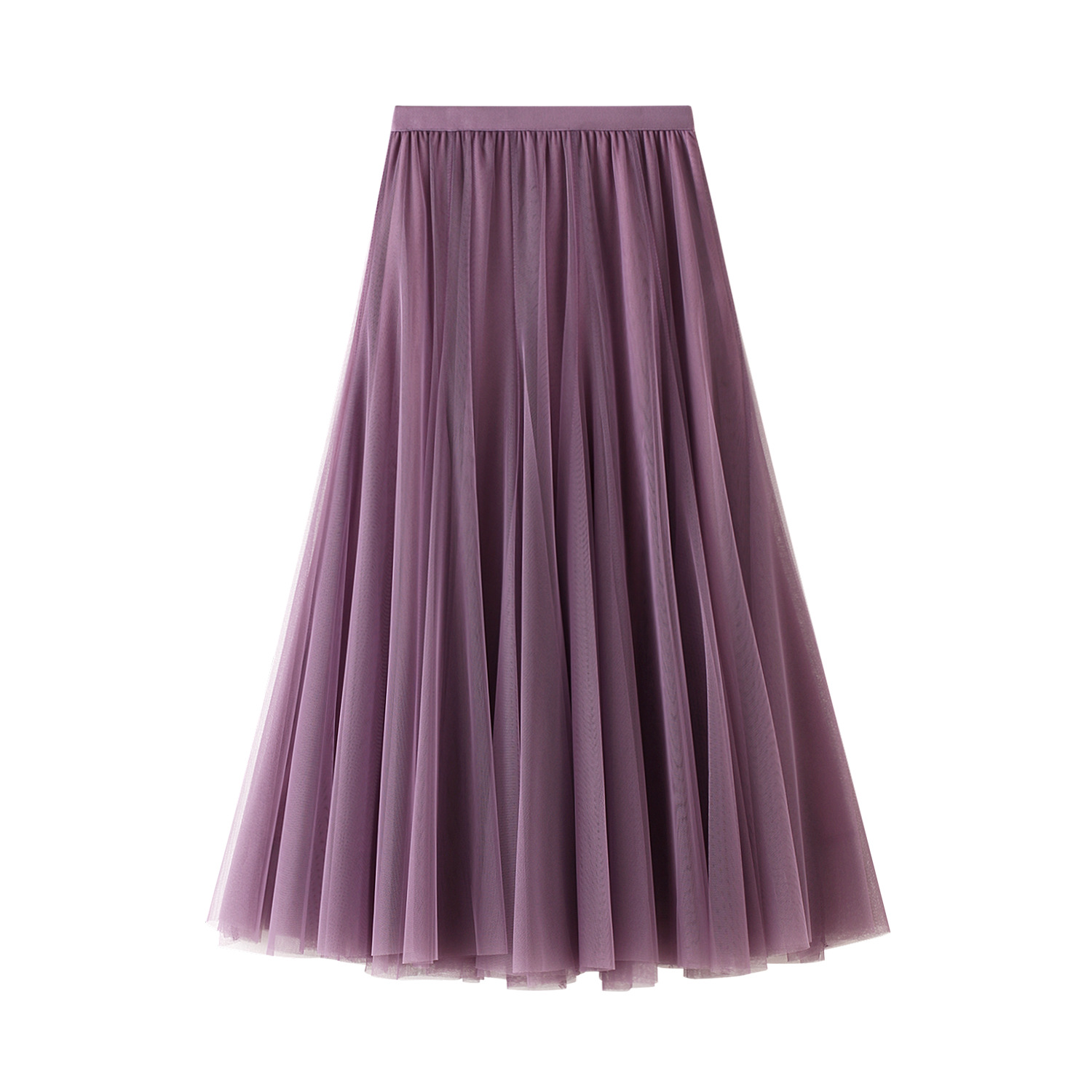Ein fließender lavendelfarbener High-Waist-Plisseetüll-Midirock mit angenähtem Bund und mehrlagigem, luftigen Stoff.