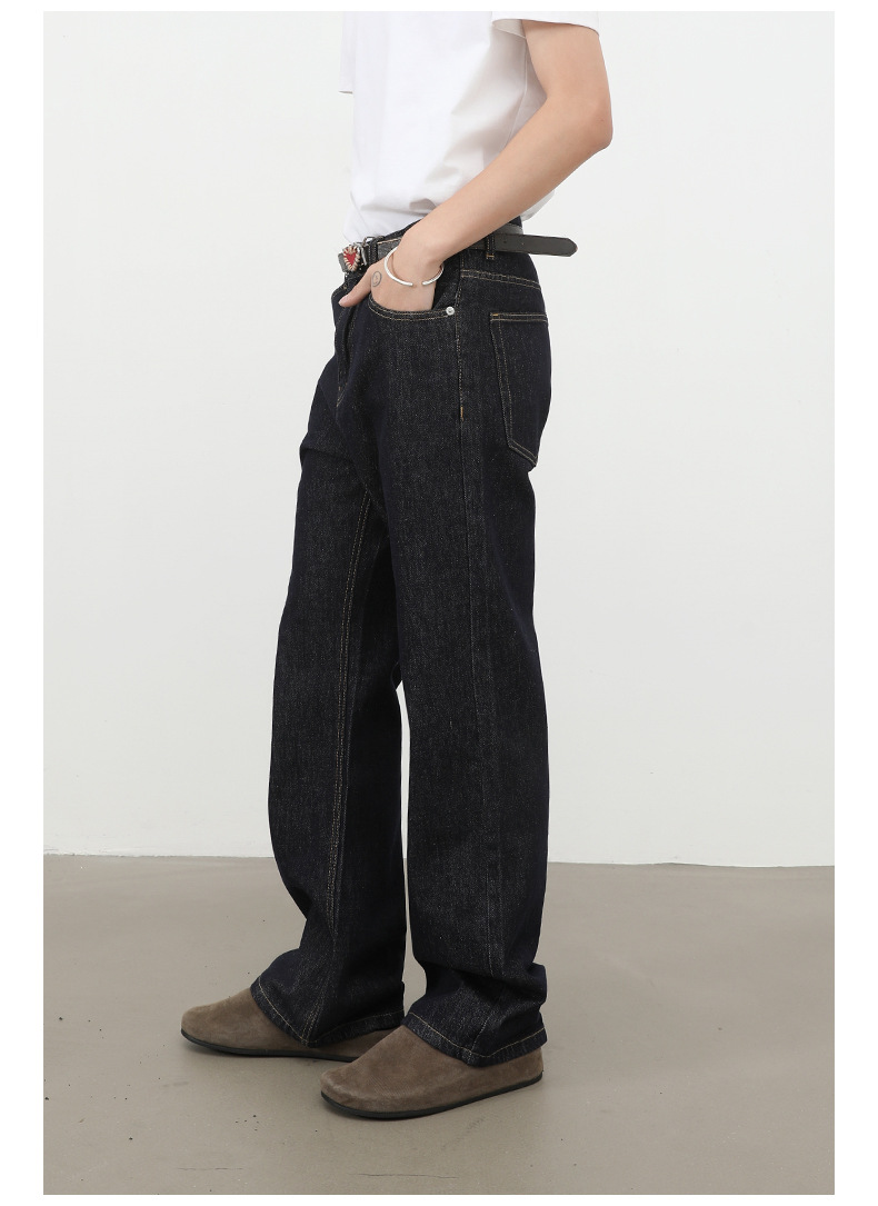 Nirben Denim High Volume Colorfast Raw Denim Jeans For Men Slightly Flared Loose Fit Black Blue_viptrois.com