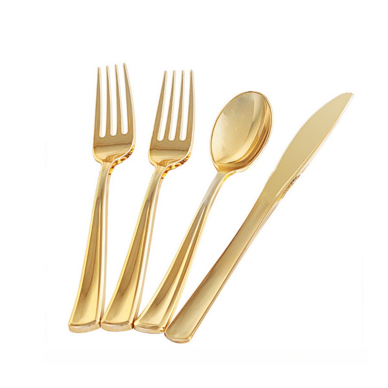 Disposable Knife, Fork and Spoon Set Wholesale Cross-border Spot Export Dinner Fork and Spoon Plastic Gold Fork Rose Gold Tableware