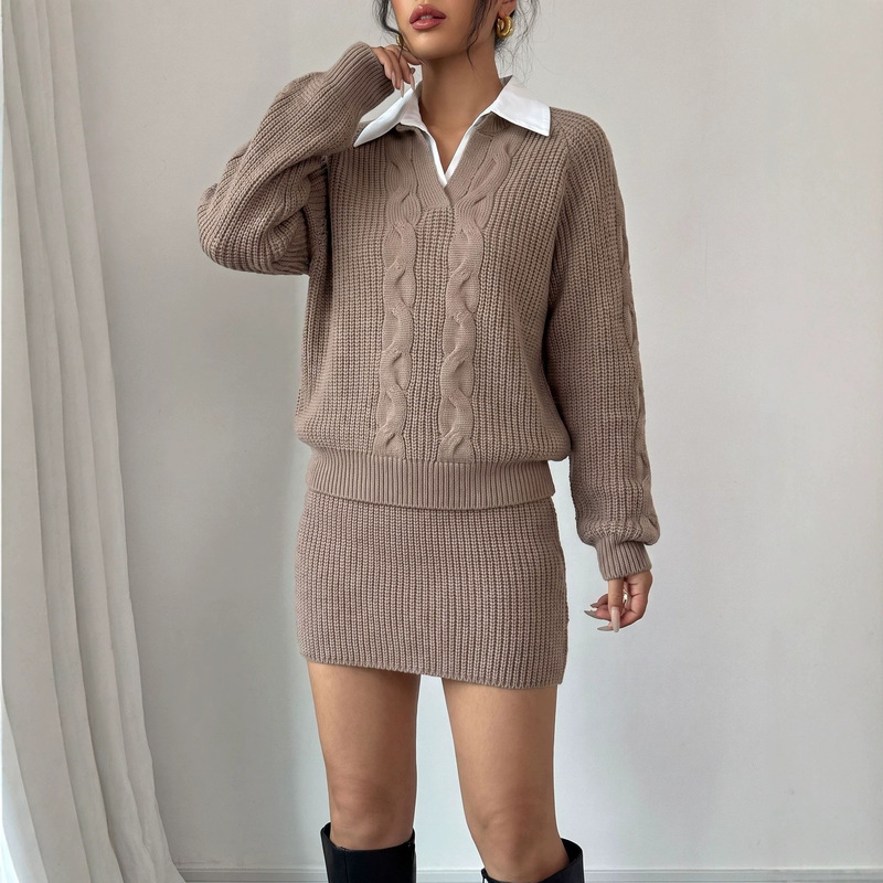 European and American cross-border shirt-collar patchwork sweater two-piece set, 2026 autumn and winter new style, loose twist short skirt knitwear for women European and American cross-border shirt-collar patchwork sweater two-piece set, 2026 autumn and winter new style, loose twist short skirt knitwear for women