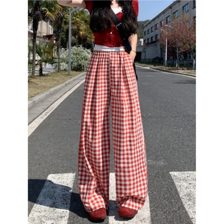 人気の赤いチェック柄パンツ女性の夏 2025 新しいハイウエストルーズ痩身カジュアルパンツドーパミンストレートワイドレッグパンツ|undefined