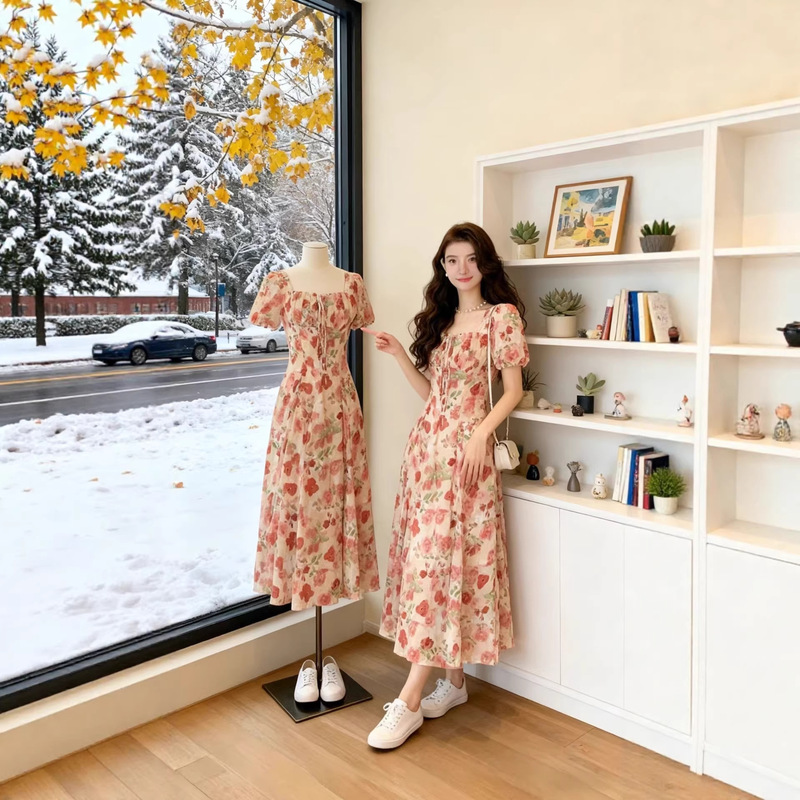 Women's Dress with Waist-Cinching Chiffon, French Retro Style, Floral Print, Slit, V-Neck, Romantic Puff Sleeves, Square Neckline Women's Dress with Waist-Cinching Chiffon, French Retro Style, Floral Print, Slit, V-Neck, Romantic Puff Sleeves, Square Neckline