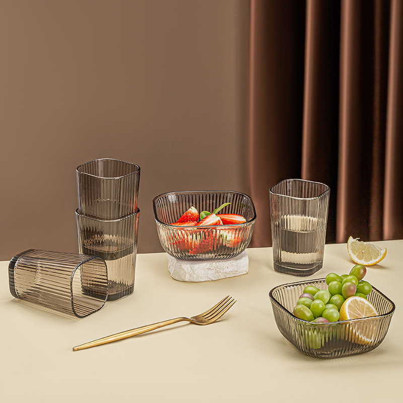 Glass Bowl Opening Event Gift Promotion Vertical Pattern Glass Bowl Two-piece Set Household Water Cup Dessert Salad Bowl Set