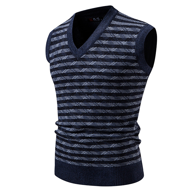Vêtements pour hommes - Gilet en maille pour hommes - Pull d'hiver/automne ajusté à col en V sans manches - Cardigan décontracté à rayures jacquard pour jeunes_voghion.com
