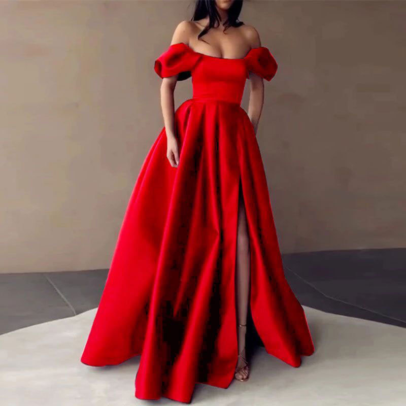 Europeo y americano Amazon AliExpress deseo nuevo vestido de cena de satén de hombro simple elegante adelgazamiento A-Line