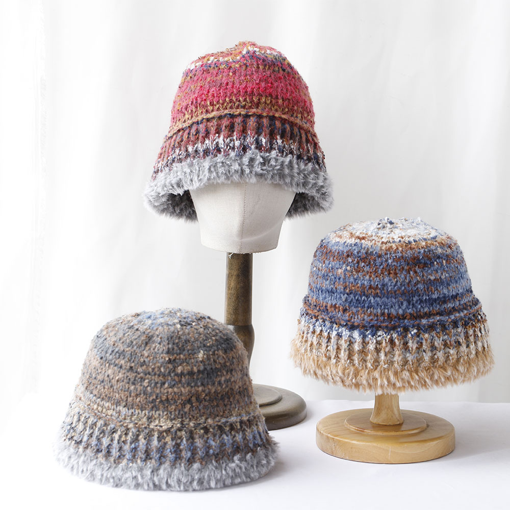 Niche Design Retro-Farbverlauf-Fransen-Strick-Bucket für Damen, Herbst und Winter, warmer Ohrenschutz, Gesichtsformer_voghion.com