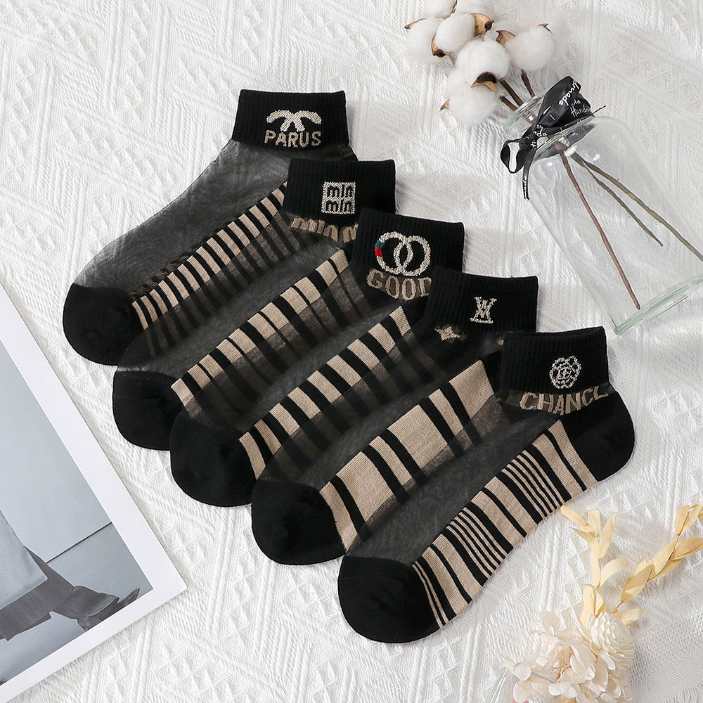 Women's Crystal Silk Summer Versatile Gold Thread Splicing Women's Shallow Socks Black Simple Crystal Silk Women's Socks