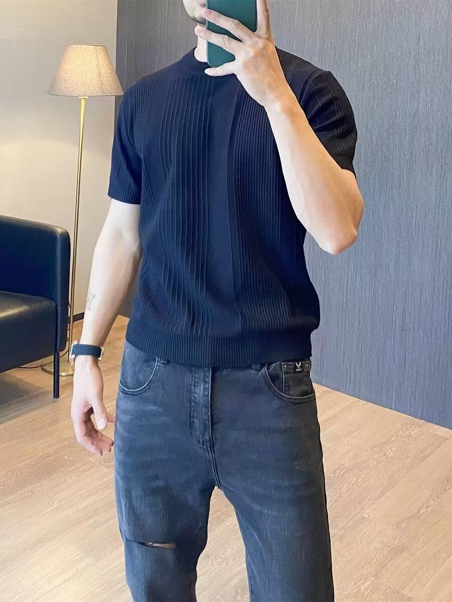 Men's Slim Fit Ice Silk Knit T-Shirt Short Sleeves Round Neck Summer Style Vertical Stripes Mature Simple Design_viptrois.com