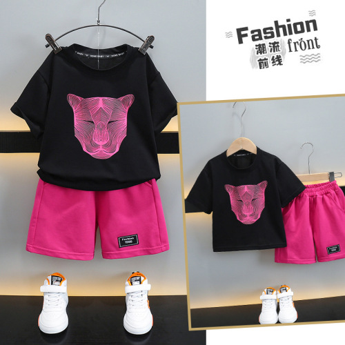 Boys summer cartoon printed T-shirt five-piece pants two-piece set 2023 new style handsome casual suit for small and medium-sized children