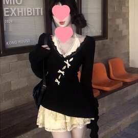甜辣妹不规则蝴蝶镂空罩衫挂脖蕾丝连衣裙女春秋叠穿漂亮两件套装