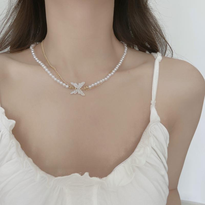 韩国新款双层珍珠链条水钻蝴蝶吊坠颈链森系项链锁骨链脖子饰品