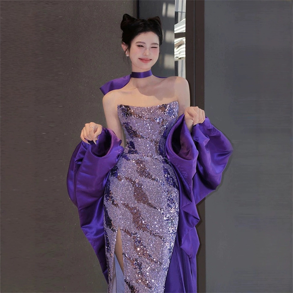 Elegant Purple Mermaid Evening Gown for Women Sophisticated Birthday Party Bridal Toasting Dress Unique Style Understated Luxury_ecoleips.com