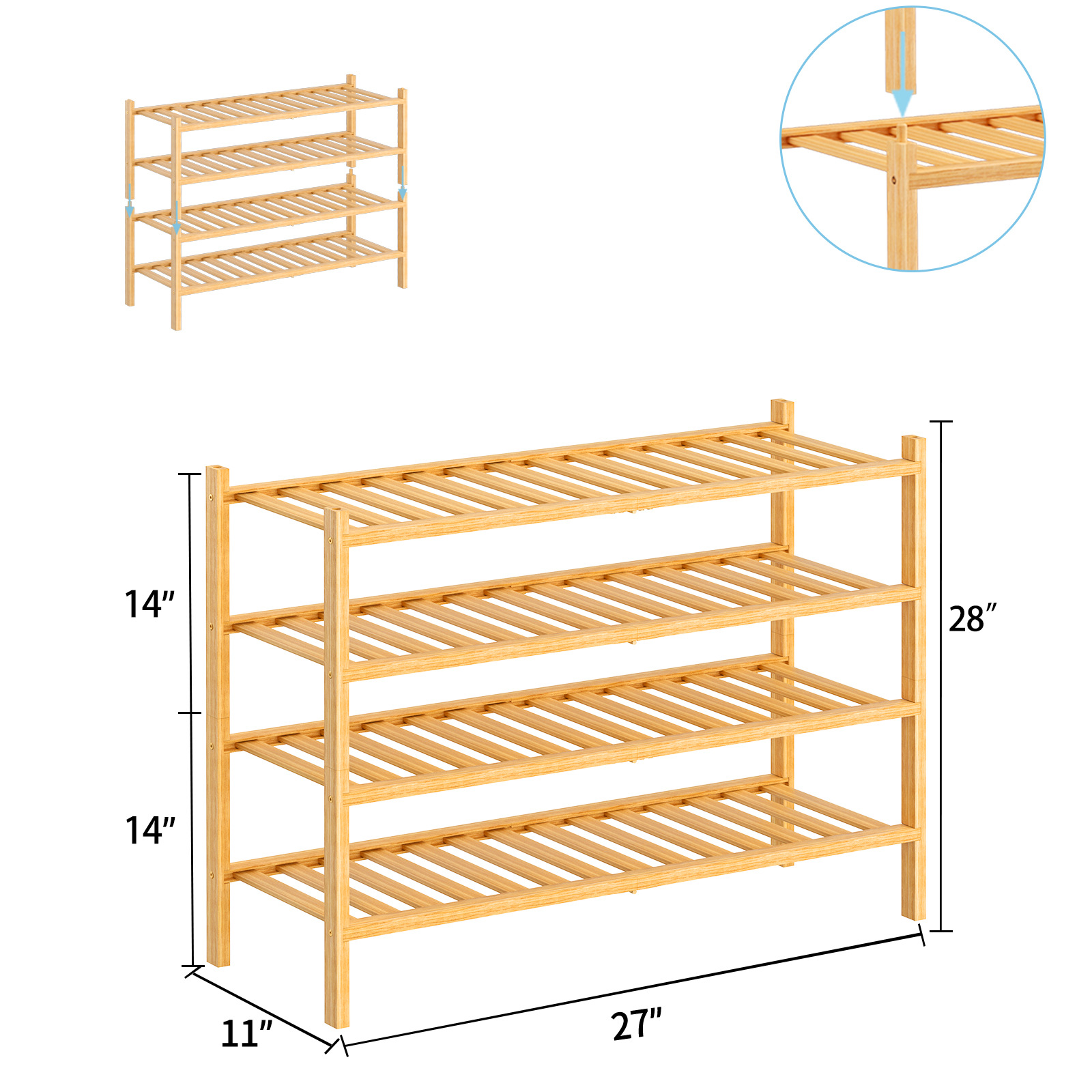 Zapatero plegable de bambú apilable, estante de almacenamiento multicapa para el hogar, ahorrador de espacio, éxito de ventas transfronterizo.