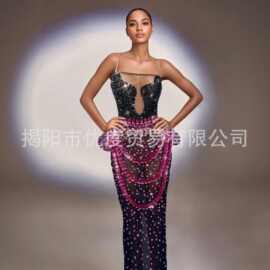 高端气质闪耀水钻礼服透视网纱长裙酒会红毯时装秀舞台装小兰馆