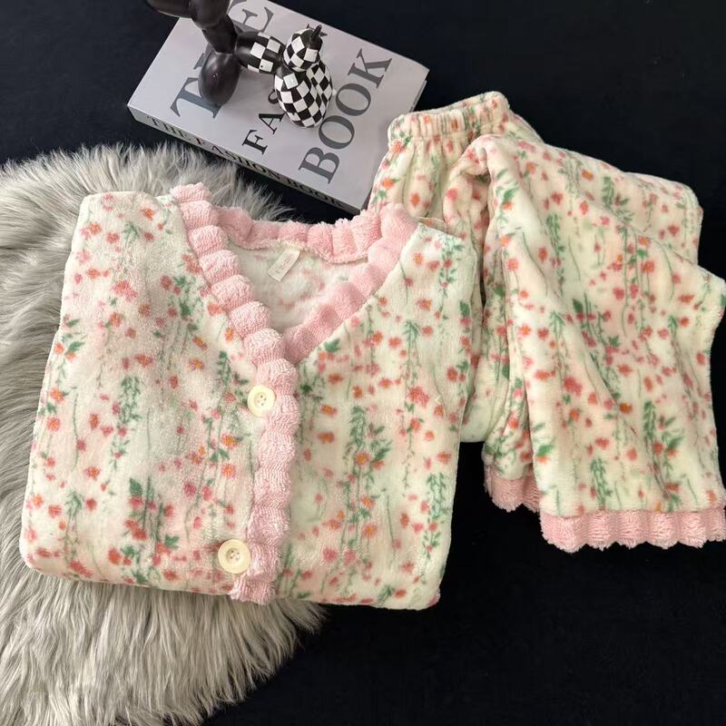 Live Internet Popular Winter Long Sleeve Flannel Thickened Plus Velvet Pajamas Women's Cardigan Sweet College Style Home Clothes Women's Set Live Internet Popular Winter Long Sleeve Flannel Thickened Plus Velvet Pajamas Women's Cardigan Sweet College Style Home Clothes Women's Set