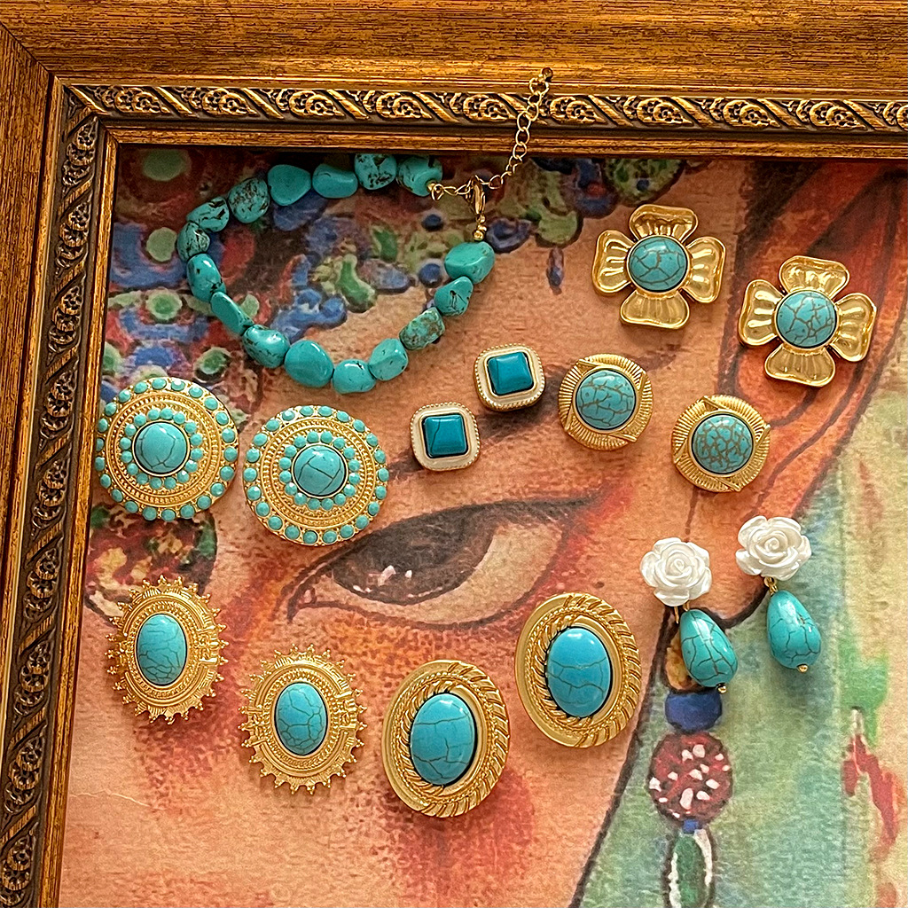 5g Weight Bracelets, Earrings Classification Copper Material Star, Turquoise, Oval Pattern 1999 Vintage Turquoise Gold Earrings Collection Vintage Bohemia Style Grids Geometric Pattern Copper Jewelry Women Fashion Accessories 2