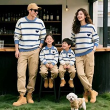 婴幼儿亲子装新款秋冬装毛衣一家三口爱心条纹针织套头外套全家装