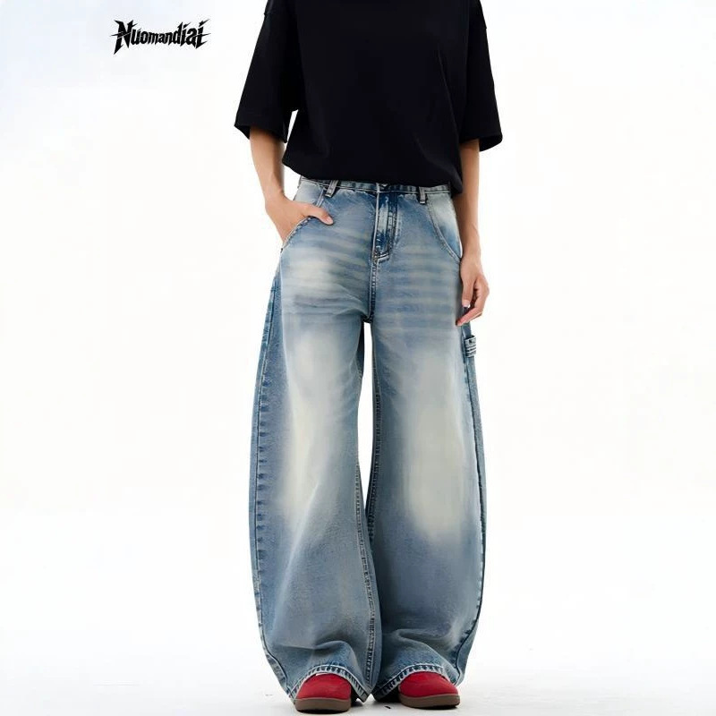 American-Style Washed Workwear Wide-Leg Jeans with Gradient Faded Effect, Three-Dimensional Side Pockets, Drapey Loose Fit, High Street Men's Jeans
