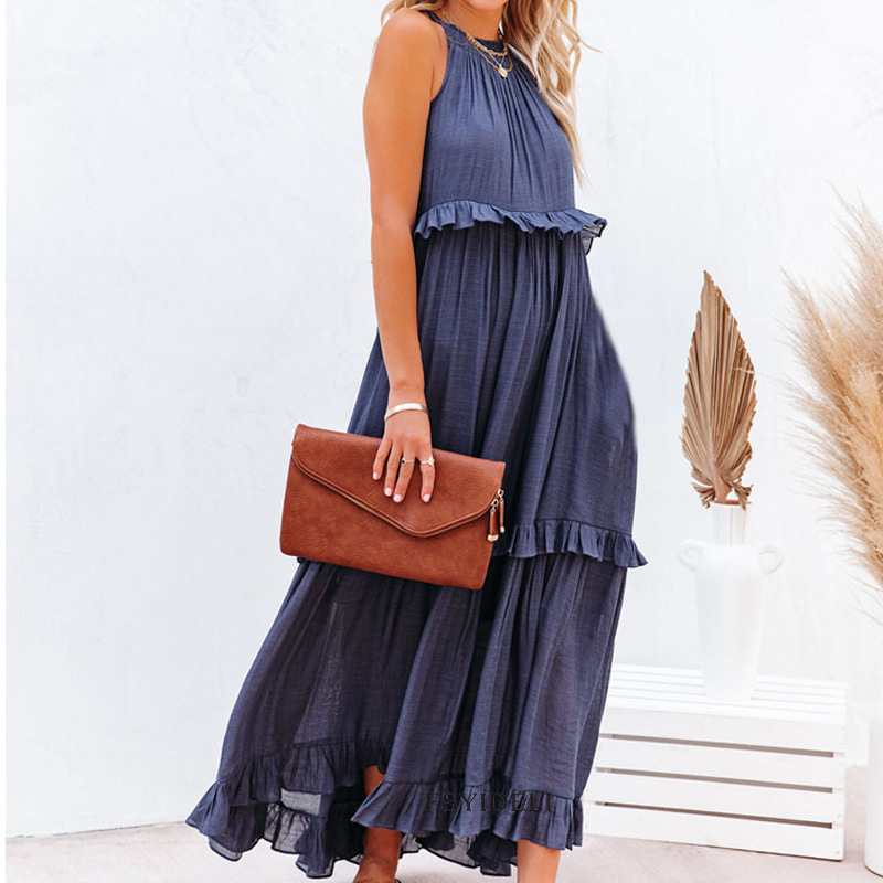 irregular sleeveless loose ruffle long solid color dress NSYDL128030